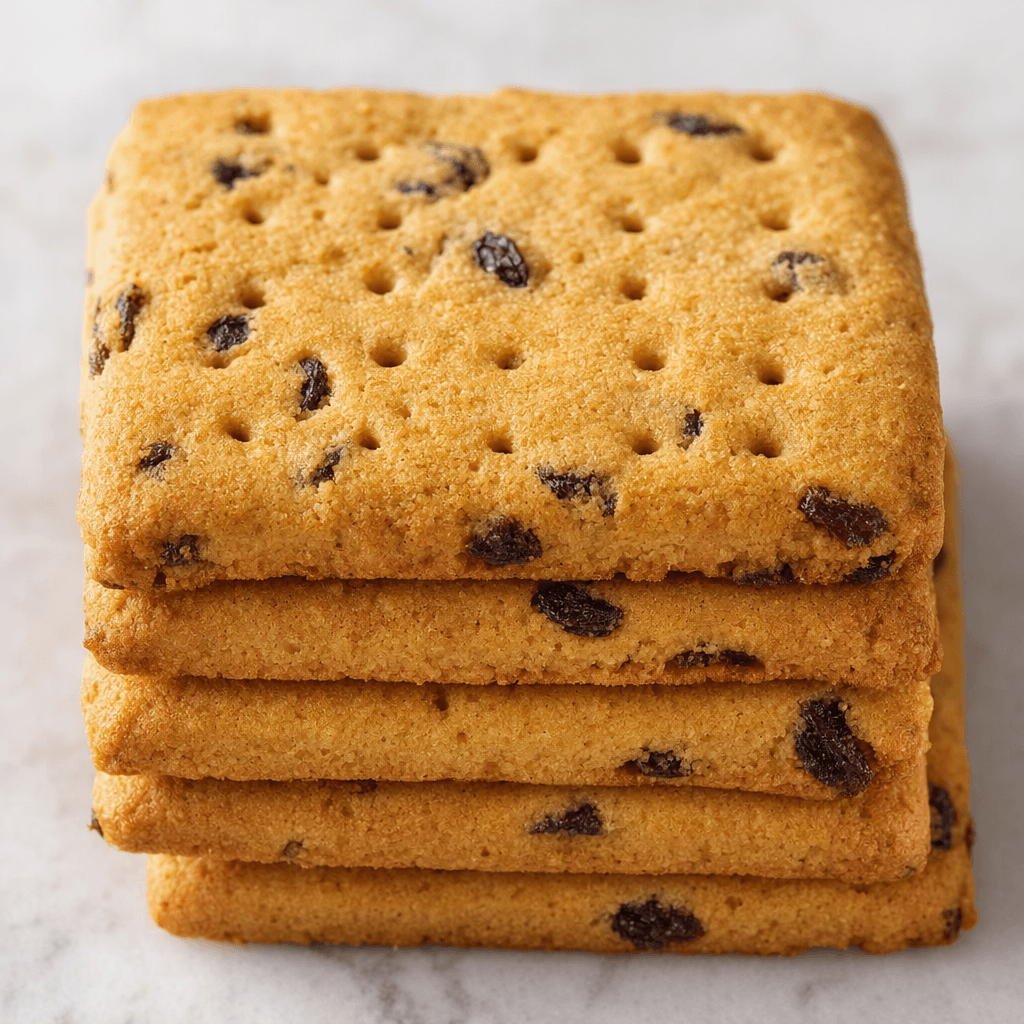 Golden-brown rectangular biscuits with a lightly rough, grainy surface, small dark raisin pieces visible throughout, and a neat pattern of tiny holes, arranged in a small stack.