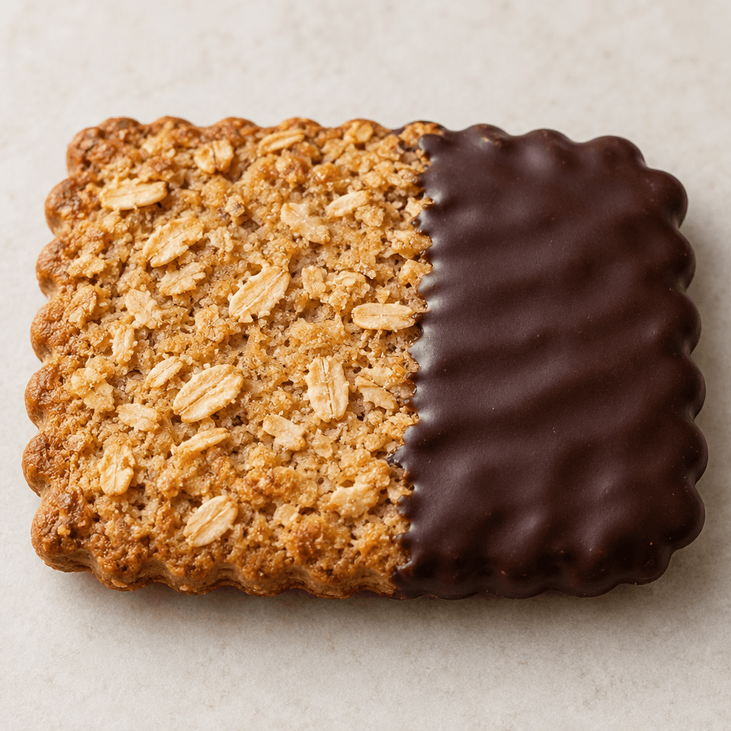 A flat, rectangular golden-brown oat biscuit with gently scalloped edges and a coarse surface dotted with oat flakes, partly coated in smooth dark chocolate.