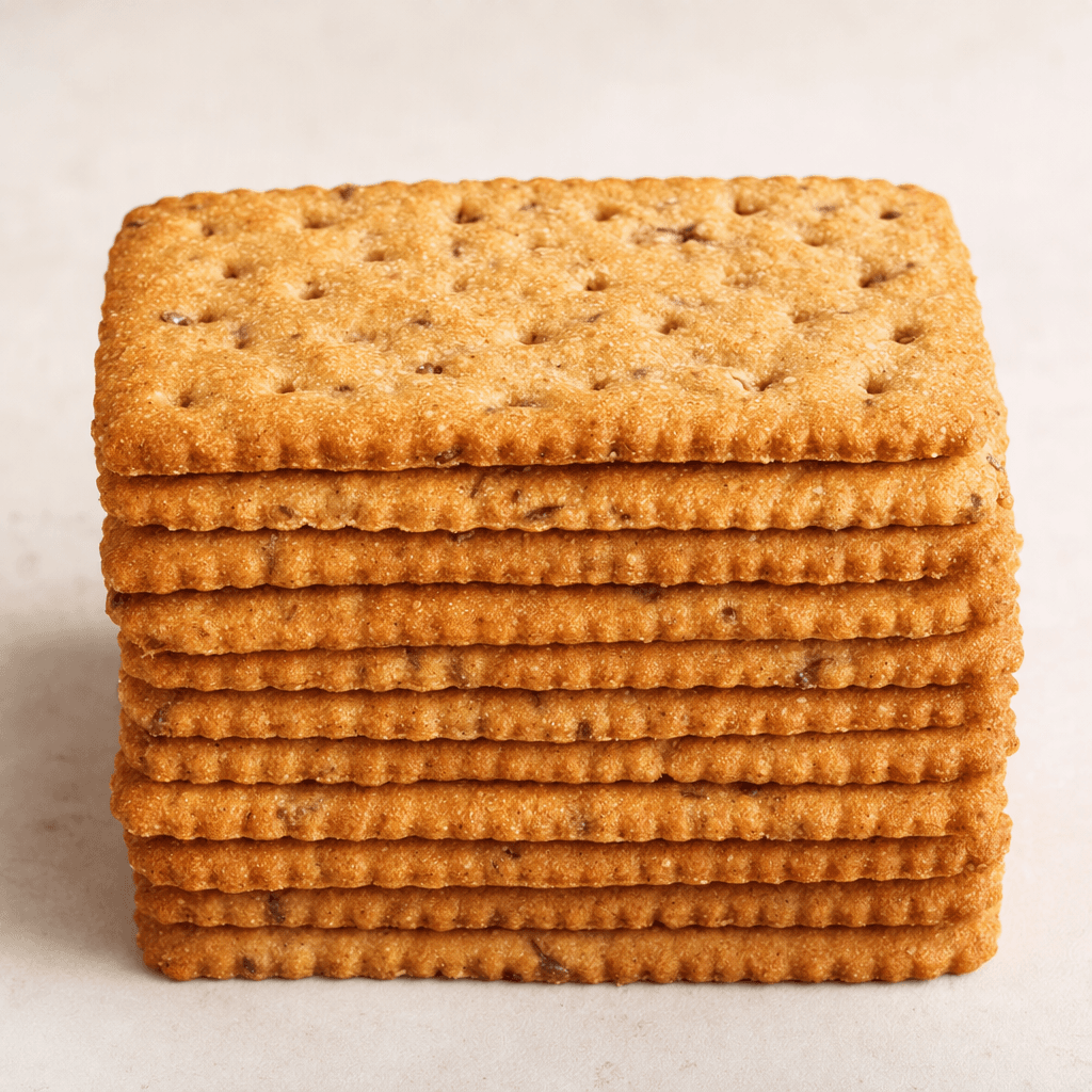 Thin, rectangular golden-brown biscuits with lightly scalloped edges, a dry, grain-speckled surface and small perforations, arranged in a neat stack.