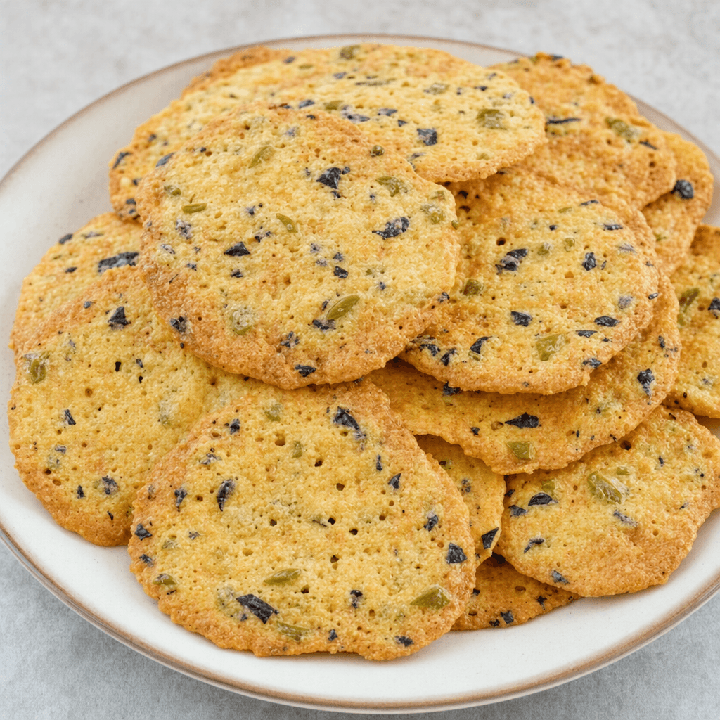 Thin, flat, irregularly round crackers with a golden-brown surface, crisp-looking edges, and small green and dark olive pieces visible throughout, arranged on a plate.