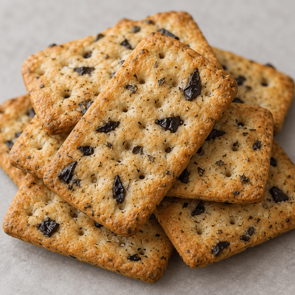 Thin, golden-brown rectangular savory biscuits with rounded corners, tiny perforations, and dark olive flecks are arranged in a loose stack.