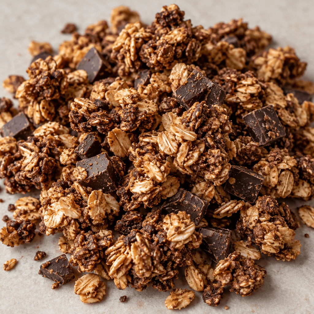 Irregular clusters of toasted oat flakes in shades of golden brown and cocoa brown, with small dark chocolate pieces scattered among them.