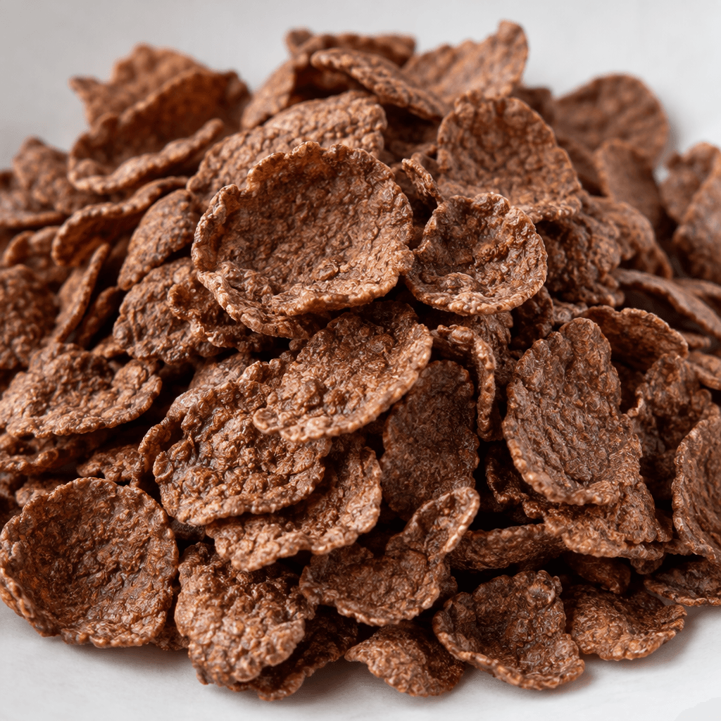Kakao kahvesinin farklı tonlarında, ince ve düzensiz kıvrımlı mısır gevreklerinin yüzeyi hafif pürüzlü ve çizgili, görünümü kuru ve çıtırdır.
