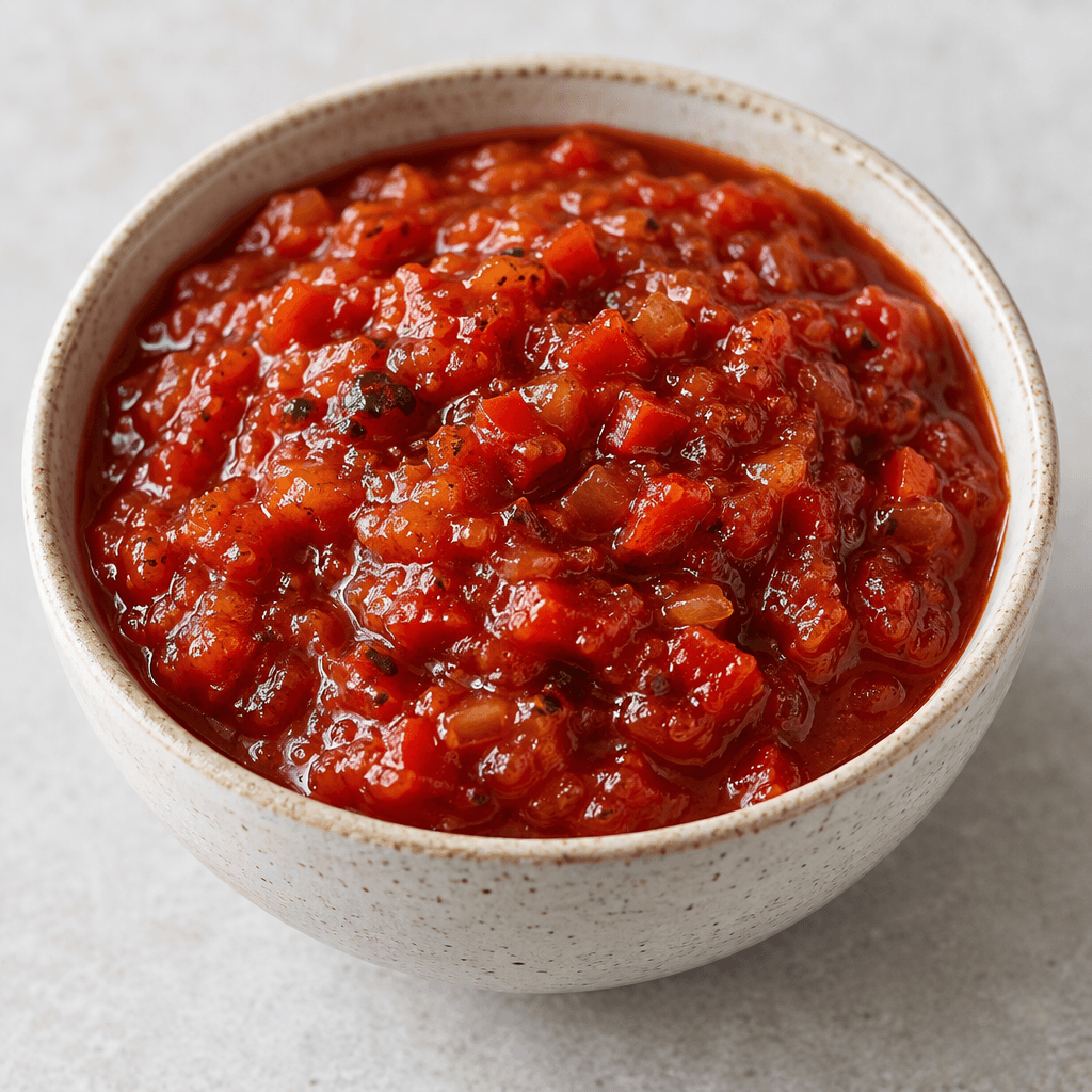 A thick, glossy, deep-red sauce with finely chopped pieces of pepper and tomato, served in a small bowl.