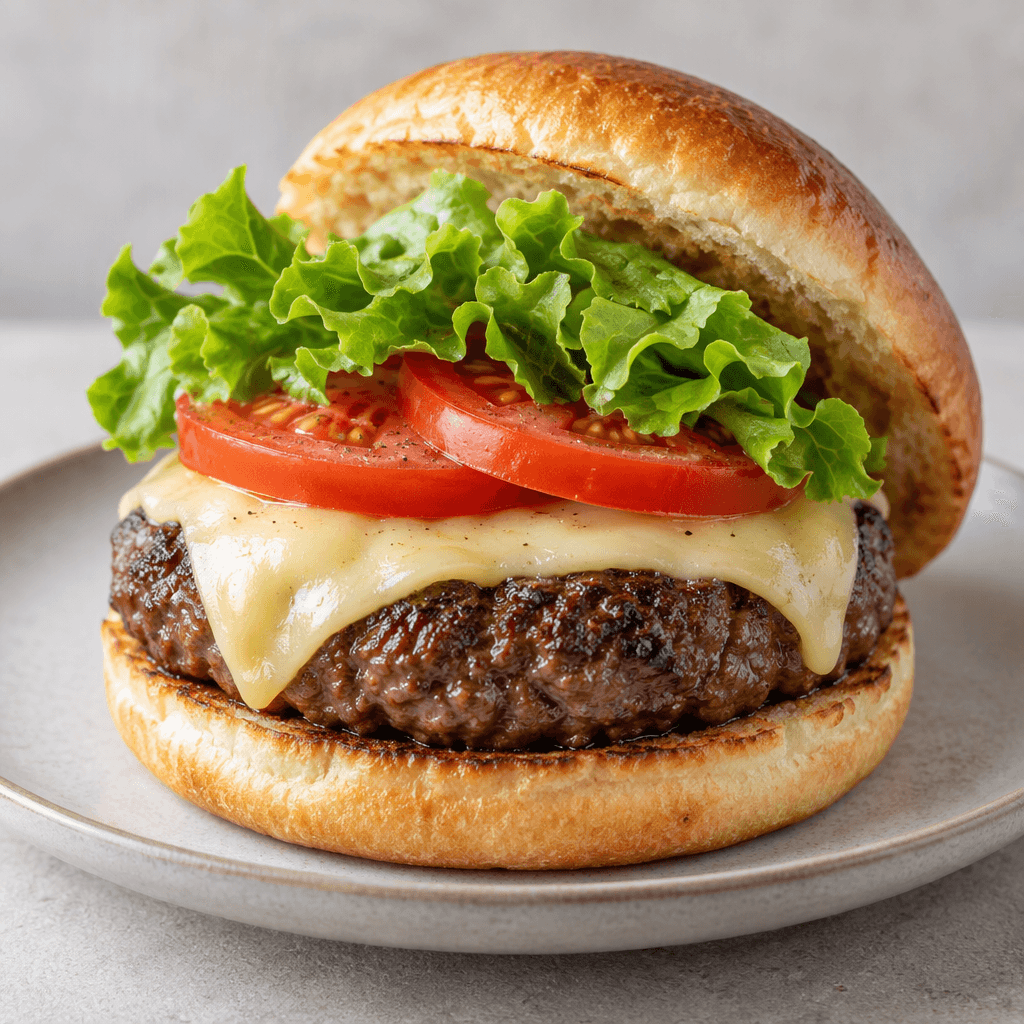 A round, browned beef patty sits inside a soft, lightly toasted bun, with pale straw-yellow cheese, green lettuce and red tomato visible between the halves; the burger is served open-faced on a plate.