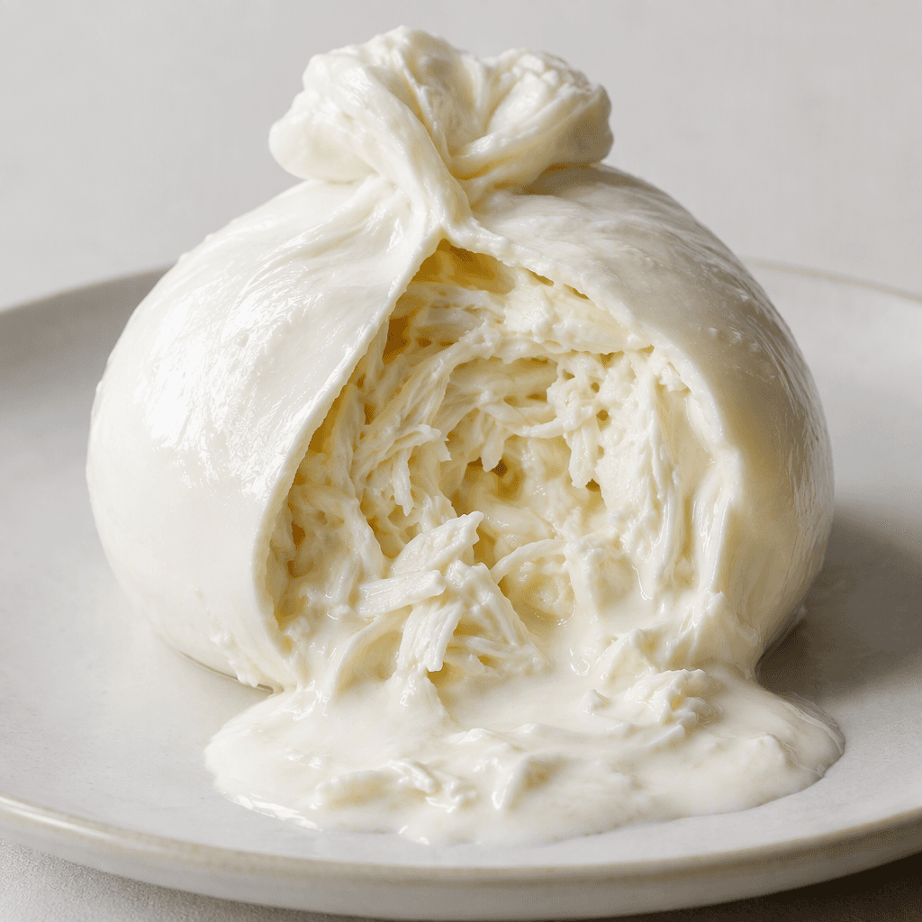 A round, smooth white cheese pouch with a soft, slightly glossy outer shell, its cut-open centre revealing loose ivory shreds and thick cream spilling onto a plate.