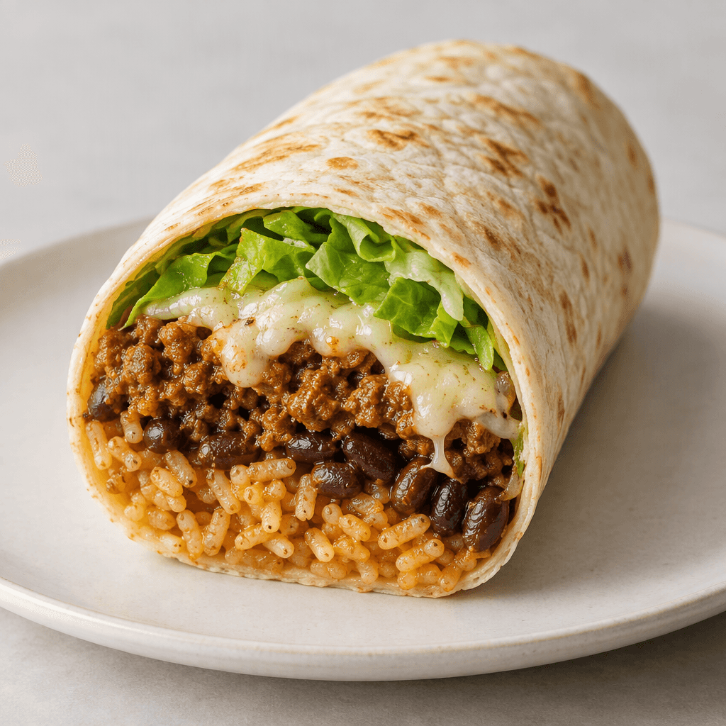 Yumuşak, altın bej renkli un tortillası kalın bir silindir şeklinde sıkıca sarılmış; kesilmiş ucunda pirinç, fasulye, baharatlı et, açık renkli erimiş peynir ve yeşil marul katmanları görülüyor ve sade bir tabakta servis ediliyor.