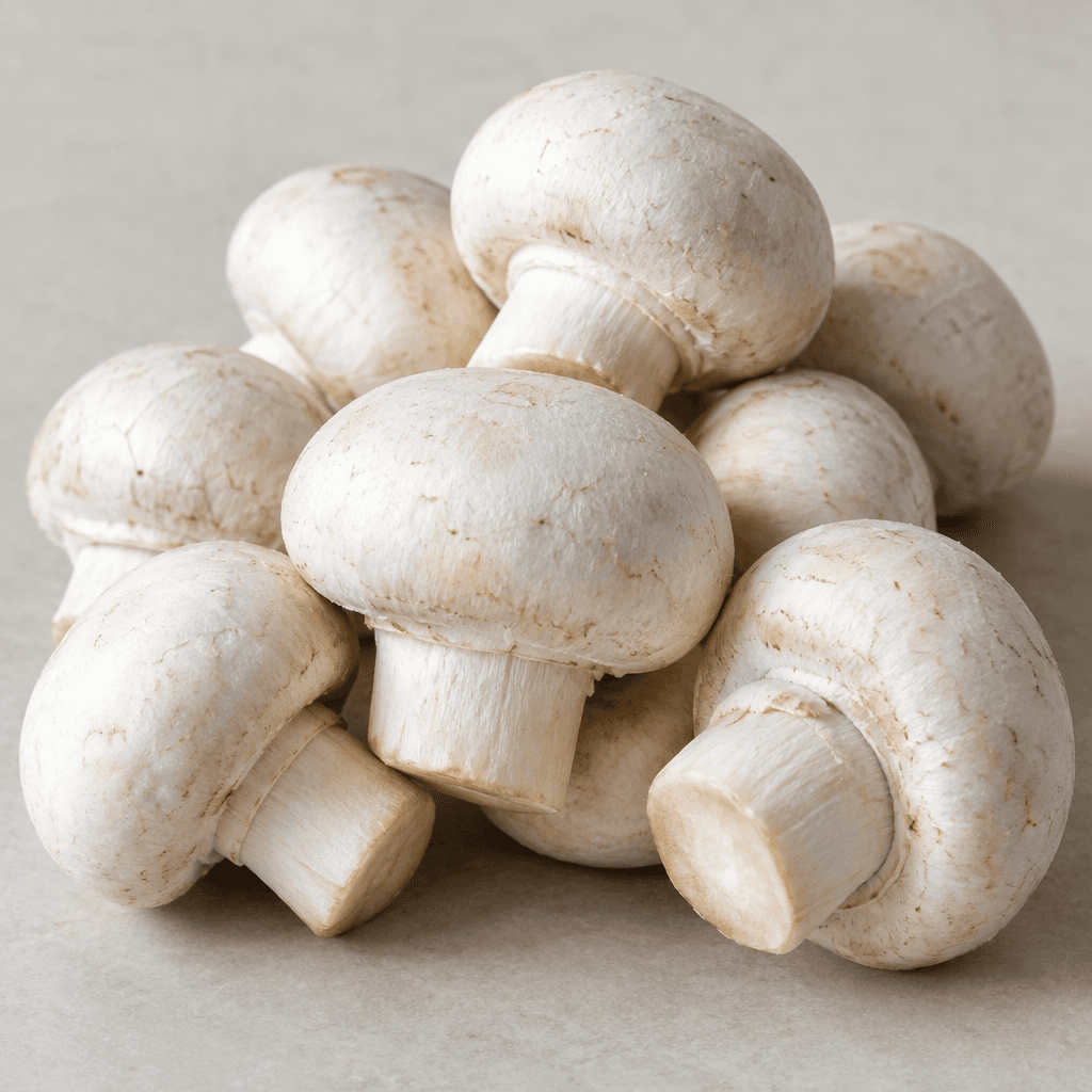 Small white button mushrooms with smooth, rounded caps, short thick stems, and clean, firm-looking surfaces, shown whole and overlapping slightly.