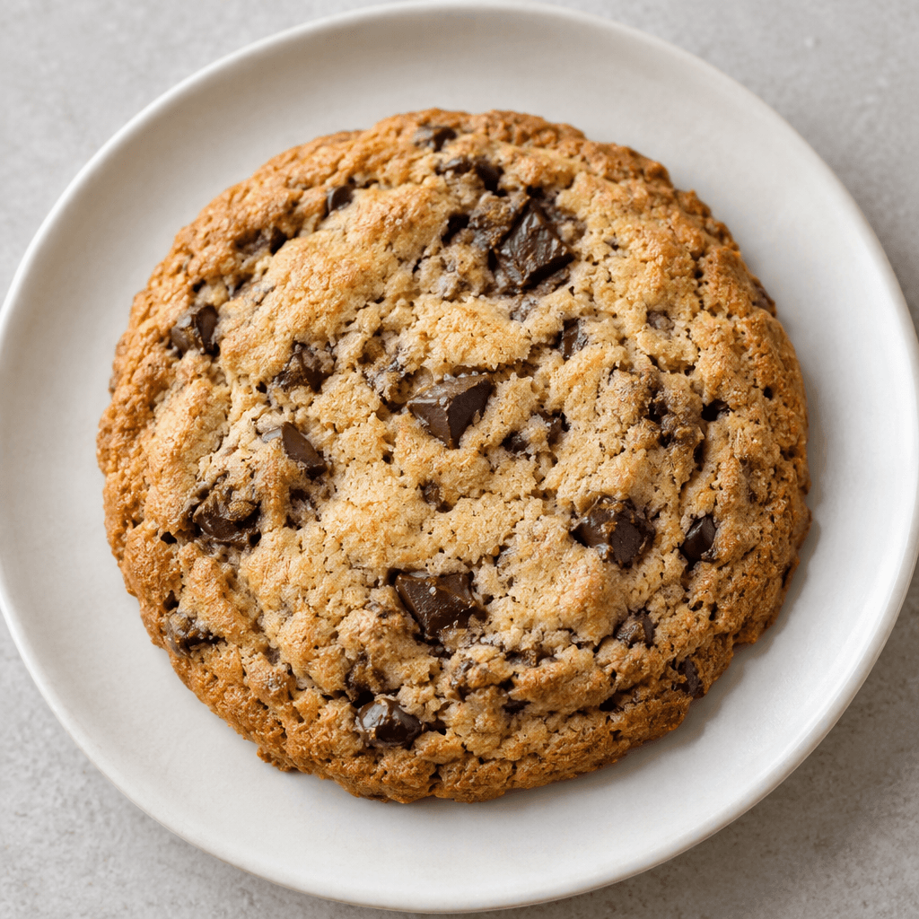 A large, round golden-brown cookie with a slightly uneven edge, a lightly cracked surface, and scattered dark chocolate pieces, served on a plain plate.