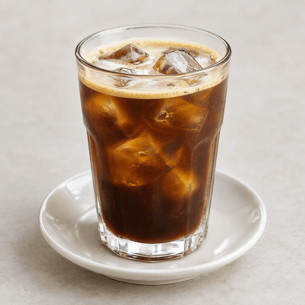 A clear glass filled with dark brown coffee over ice, with several translucent ice cubes visible through the drink and a thin layer of pale foam on the surface, served upright on a plain saucer.