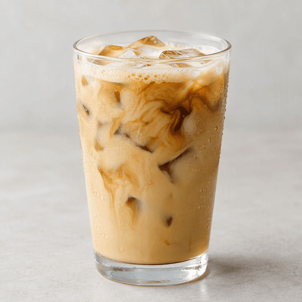 A clear glass filled with pale tan coffee and milk, topped with a thin layer of light foam, with distinct darker coffee swirls visible through the ice cubes and condensation on the outside.
