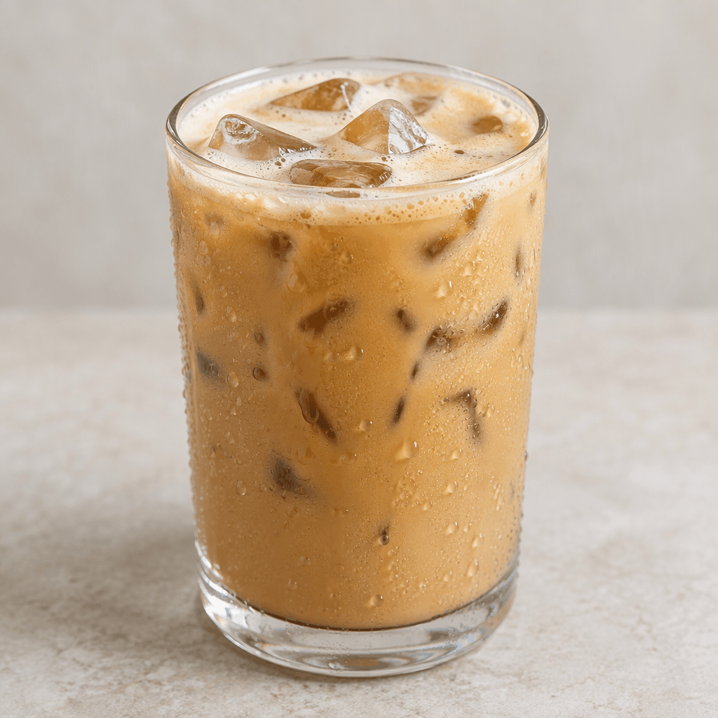 A clear glass filled with pale tan iced coffee, visible ice cubes floating among the creamy liquid, with a thin layer of light foam on top and condensation beading on the outside.