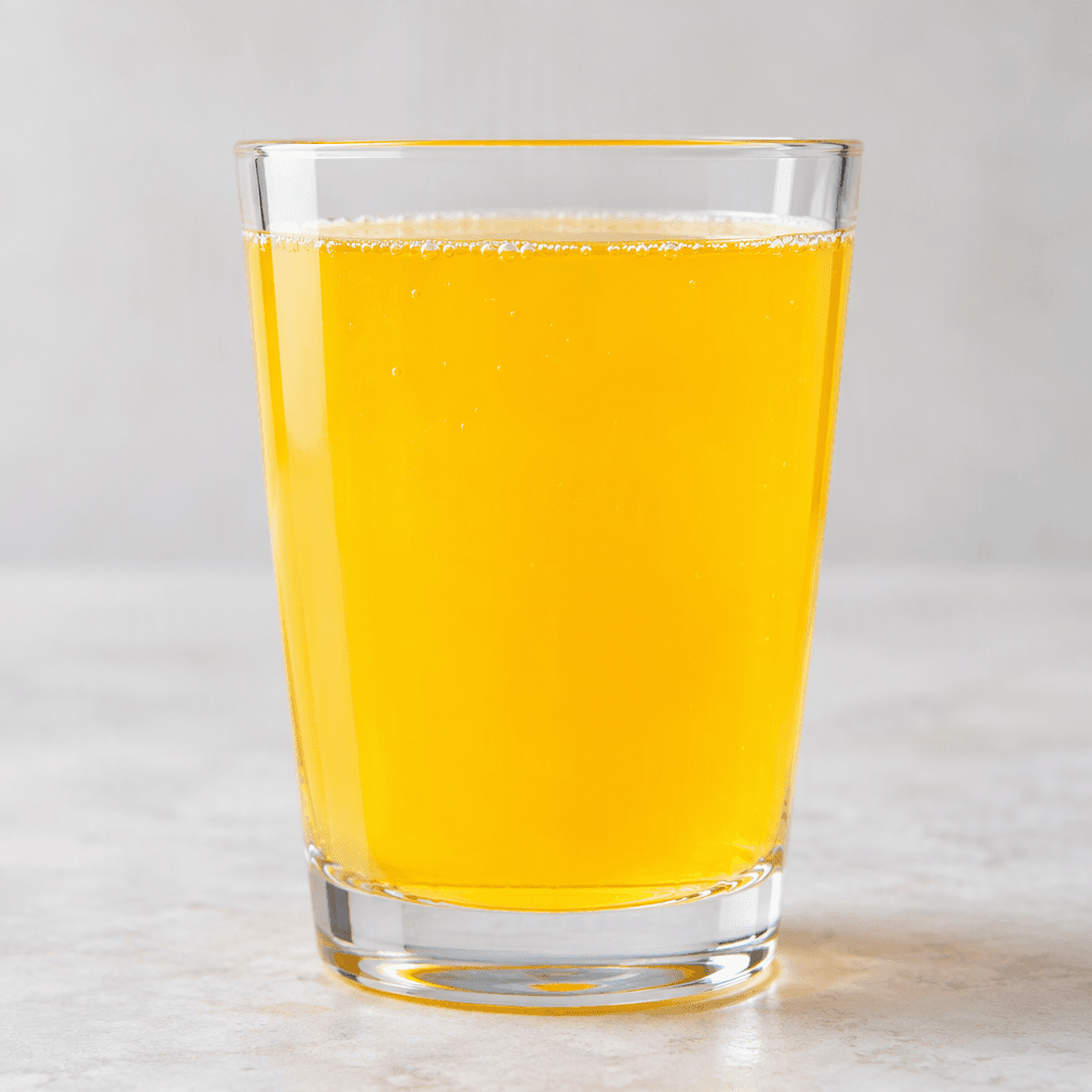 A clear glass holds a bright yellow-orange drink with a smooth, translucent appearance.