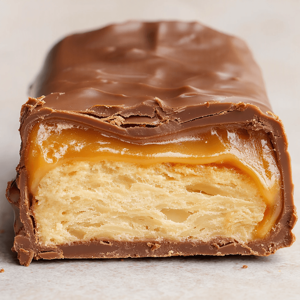 A thick, oblong bar with a smooth milk-chocolate coating, cut open to show a pale, chewy center layered with glossy golden caramel.