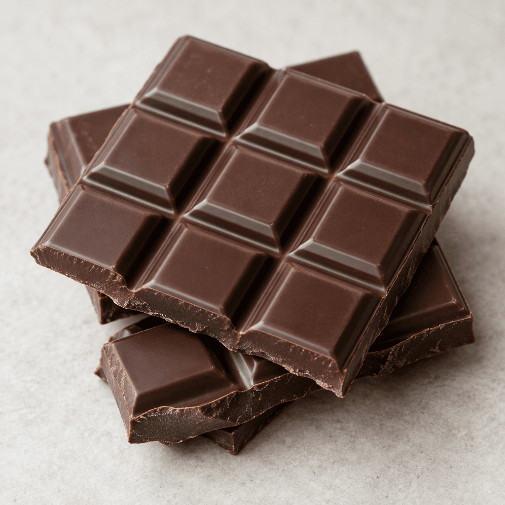 A deep brown chocolate bar is divided into neat raised rectangular segments, with a smooth, faintly glossy surface and a few clean broken edges.