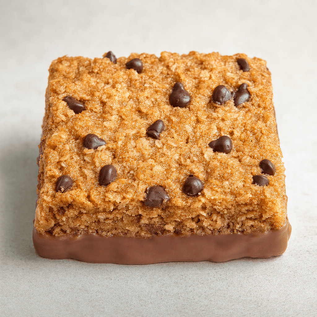 A compact, rectangular oat bar with a rough golden-brown surface studded with dark chocolate chips and a smooth milk-chocolate layer along the base.