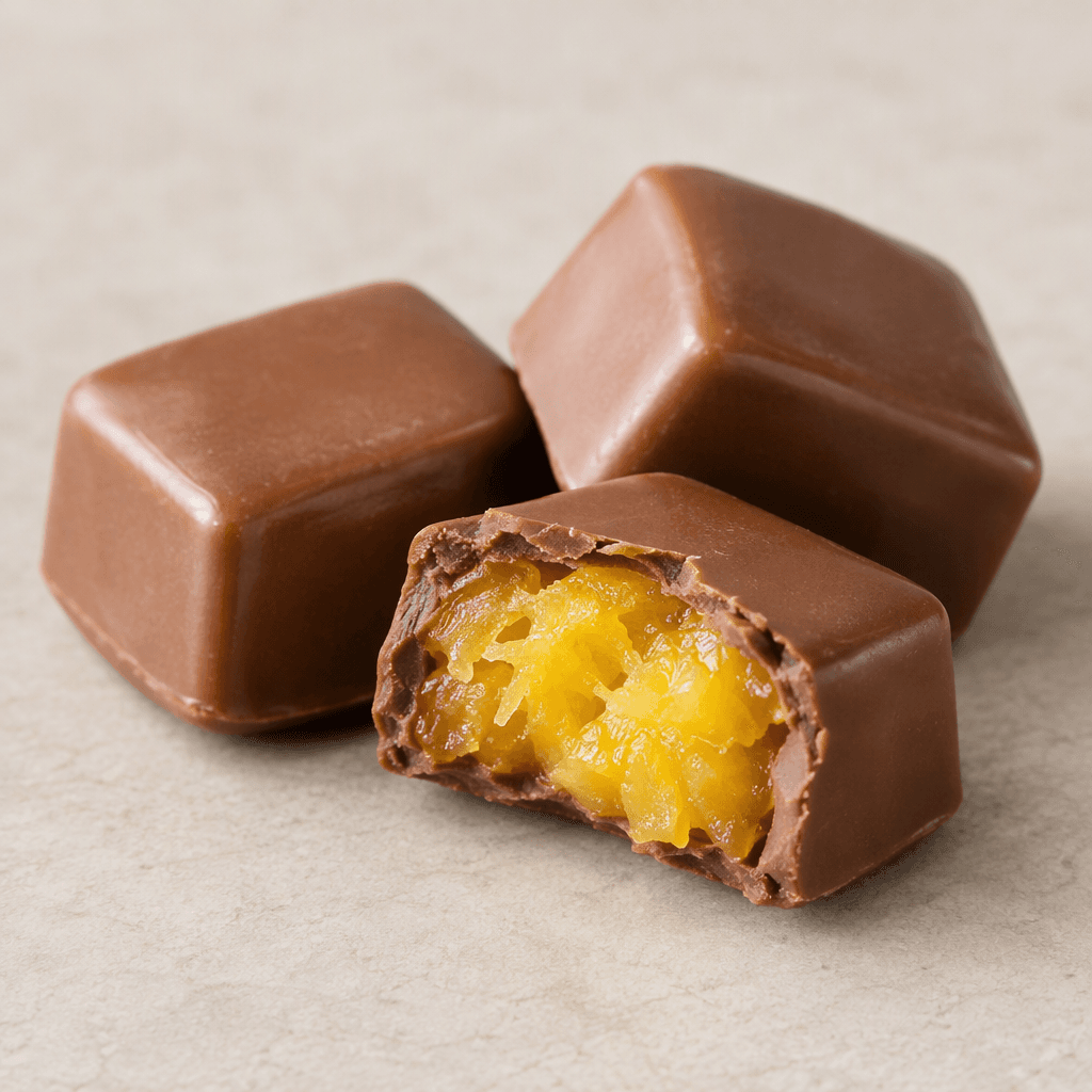 A few smooth, square pieces of milk chocolate, one broken open to reveal a bright golden-yellow pineapple filling against the brown chocolate.