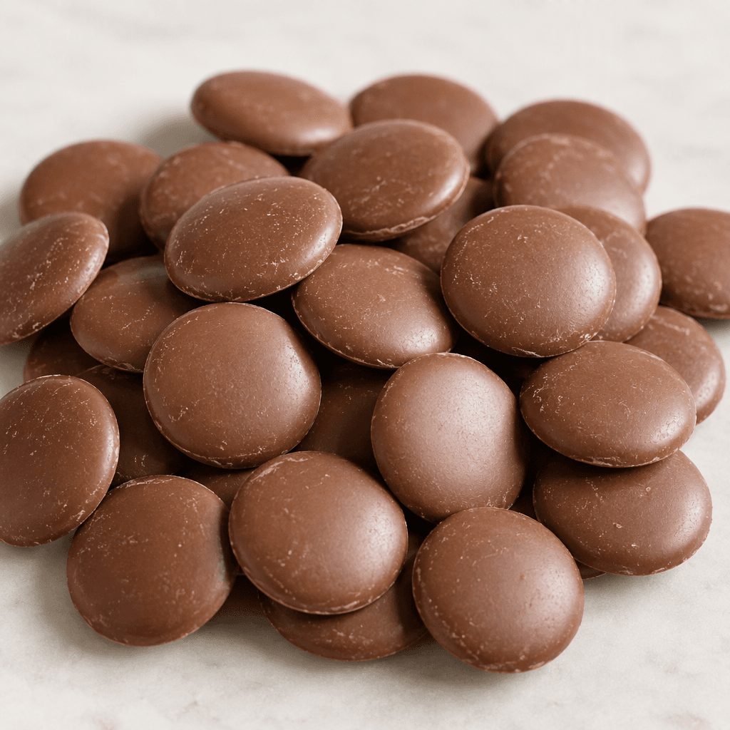 Small, round, gently domed milk-chocolate buttons with smooth, medium-brown surfaces and a soft sheen are loosely scattered in a small pile.