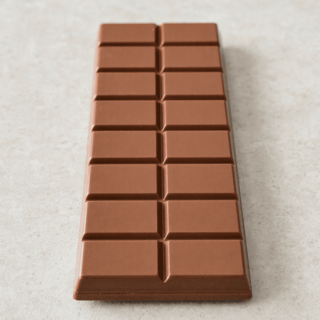 A long, thick milk-chocolate bar divided into raised rectangular sections, with a smooth brown surface and clean edges.
