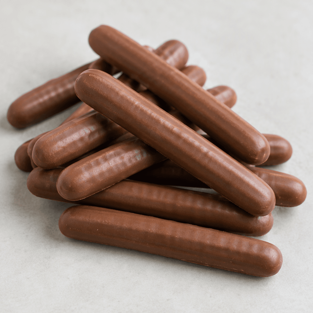 Slender, finger-length biscuits coated in smooth milk chocolate, with rounded ends and faint ridges along the surface, arranged in a small overlapping pile.