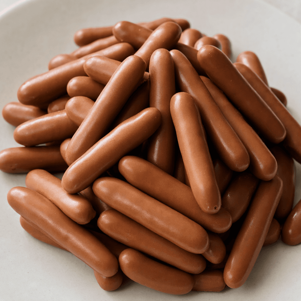 Small, slender finger-shaped biscuits with rounded ends, fully coated in smooth medium-brown milk chocolate and arranged in a neat pile.