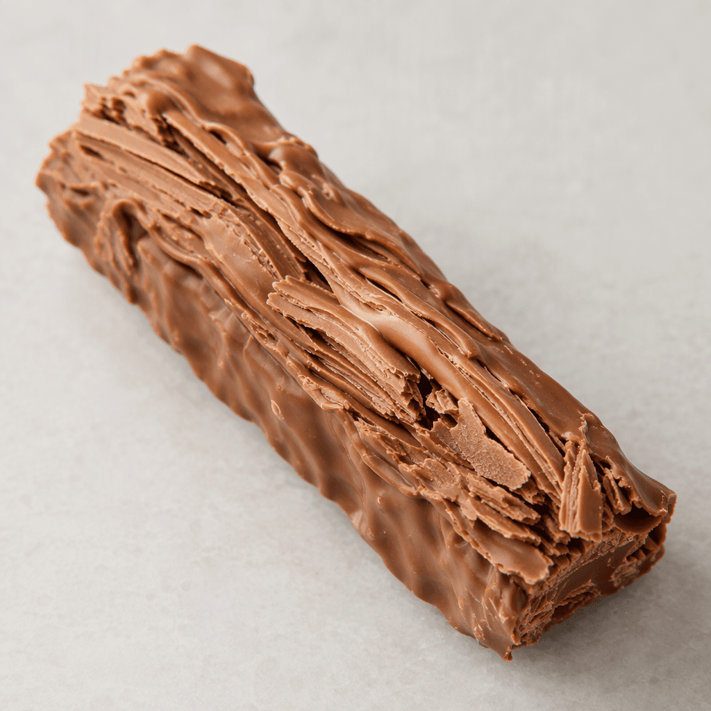 A slender, irregular milk-chocolate bar with a rippled surface and many fine, loosely layered flakes, ranging from light to medium brown.
