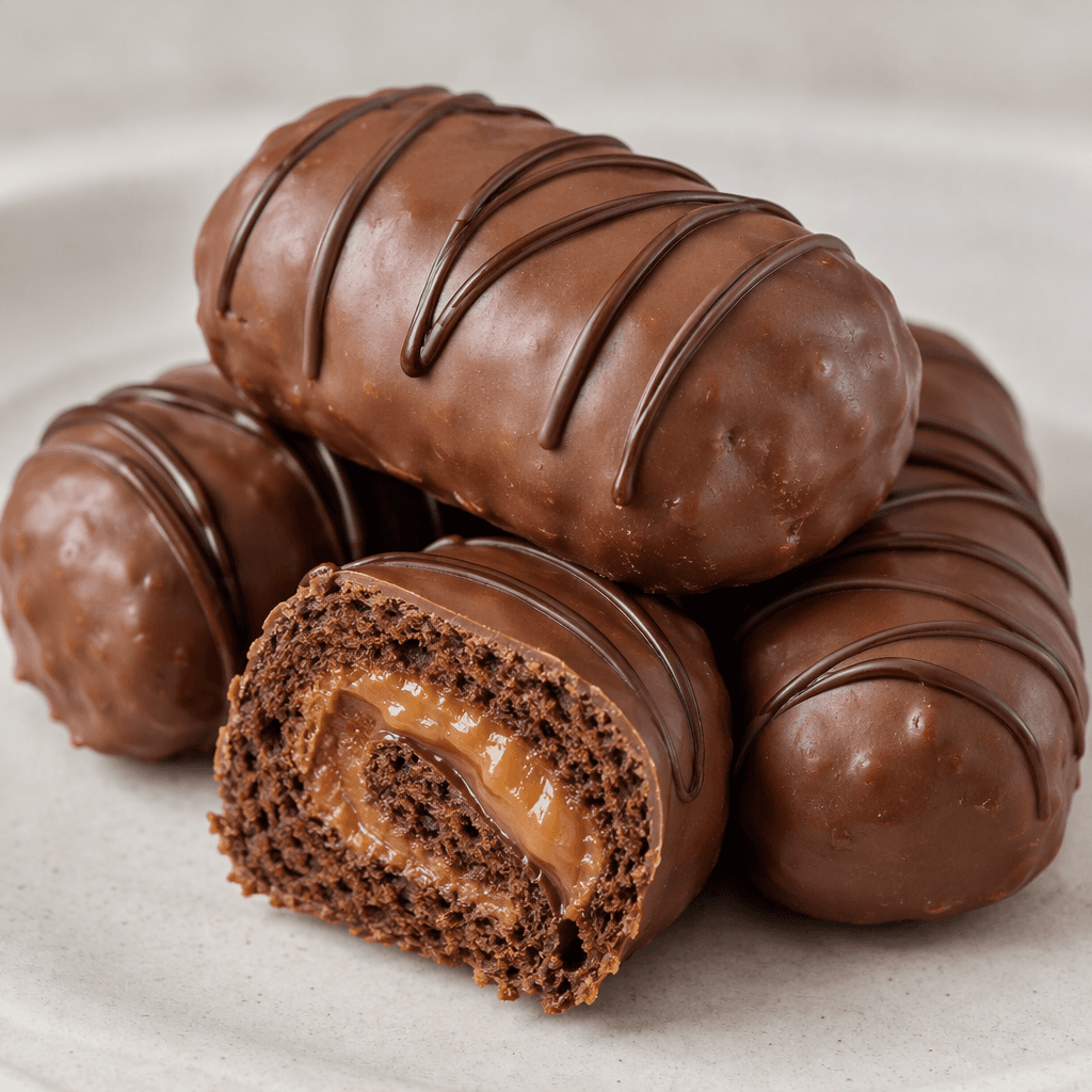 Small, short chocolate sponge rolls with rounded ends, coated in glossy milk chocolate and topped with thin zigzag chocolate lines, with a cut roll showing a layer of caramel-coloured filling inside.