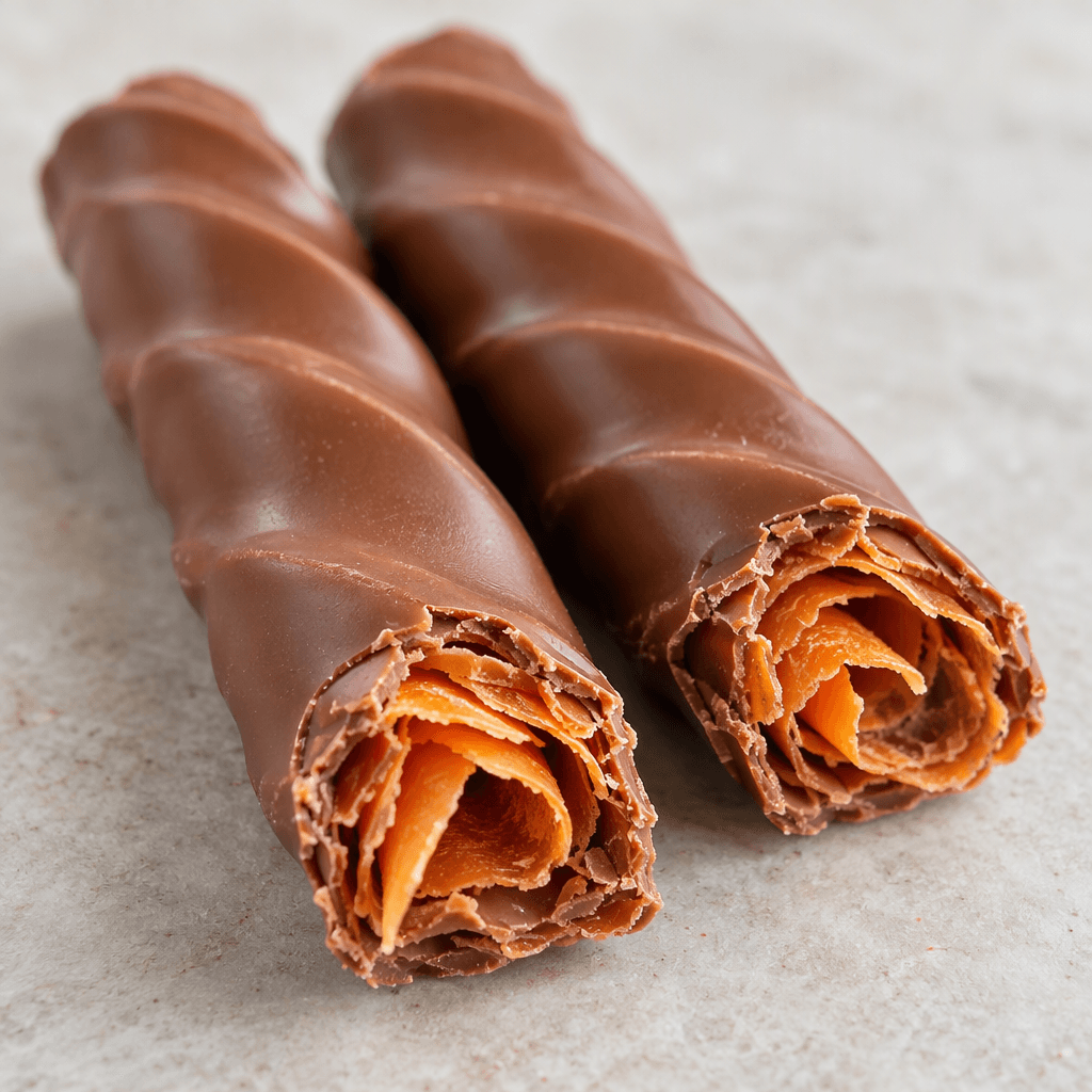 Two slender, gently twisted fingers of milk chocolate sit side by side, their smooth brown coating broken at one end to reveal fine, curled orange-chocolate layers inside.