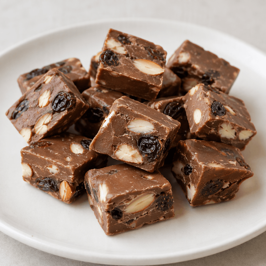 Small, bite-size pieces of milk chocolate with a smooth medium-brown surface and visible pale almond pieces and dark, wrinkled raisins, arranged loosely on a plate.