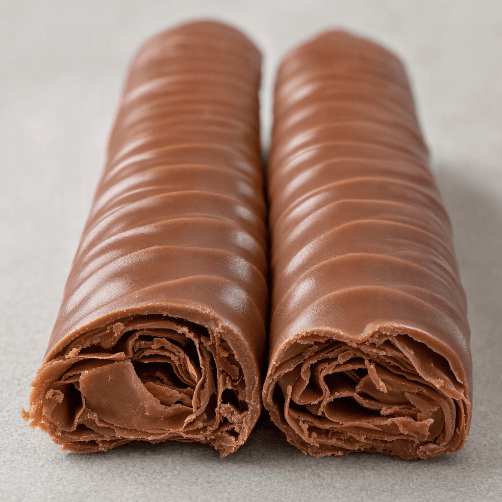 Two slim milk-chocolate fingers sit side by side, their glossy brown surfaces marked with fine curved ridges and swirls, with a broken end showing a delicate, flaky chocolate interior.