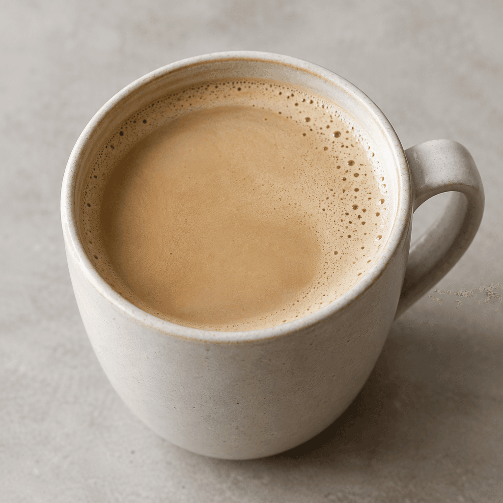 A smooth, light caramel-brown drink fills a cup, with a thin layer of pale foam and a few tiny bubbles on its surface.