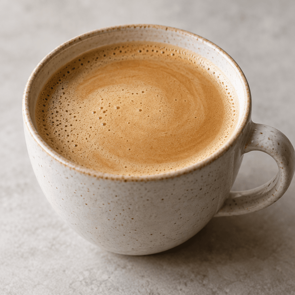 Light-to-medium brown coffee sits in a cup, with a smooth surface and a thin layer of pale foam.