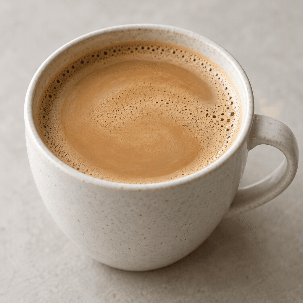 A light caramel-brown instant coffee sits in a cup, with a smooth surface and a thin layer of pale foam.