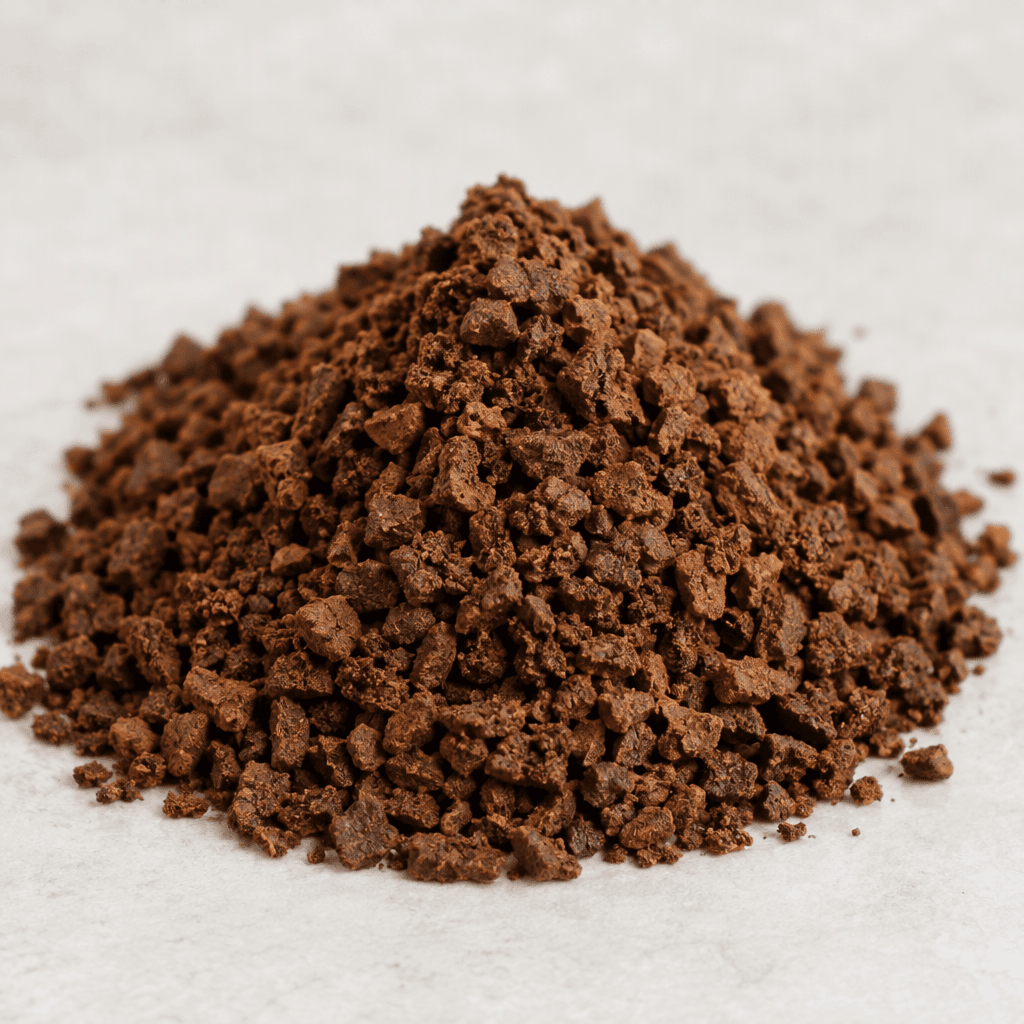 Dark-brown instant coffee granules with a dry, uneven crystalline texture, gathered in a small mound.