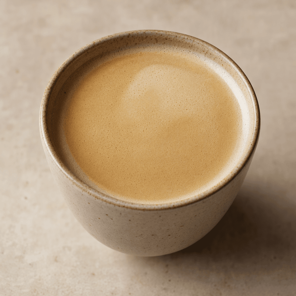 A smooth, light-brown coffee drink sits in a cup, with a thin layer of pale foam and no visible toppings.