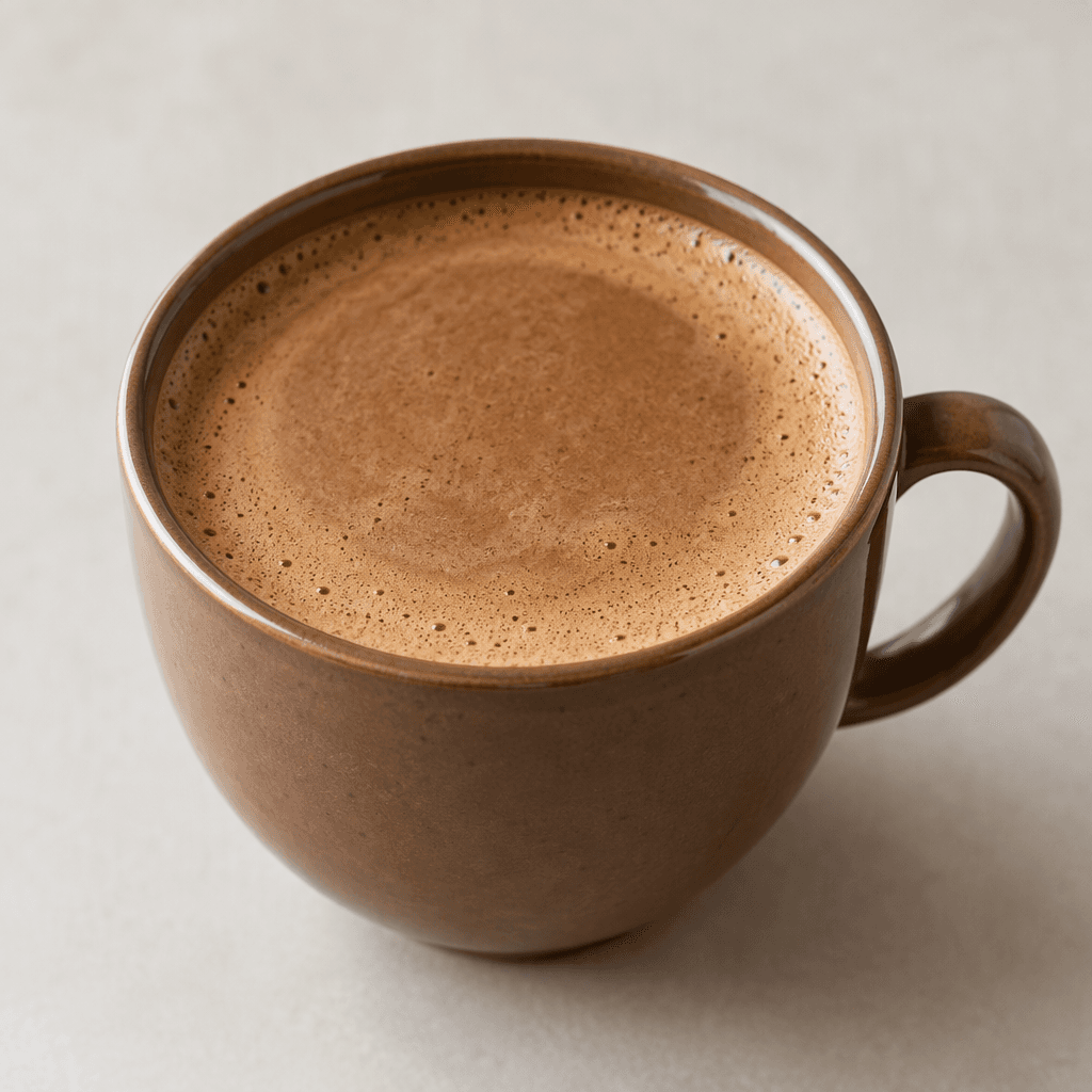 A warm medium-brown mocha drink sits in a cup, with a smooth surface and a thin layer of light-brown foam.