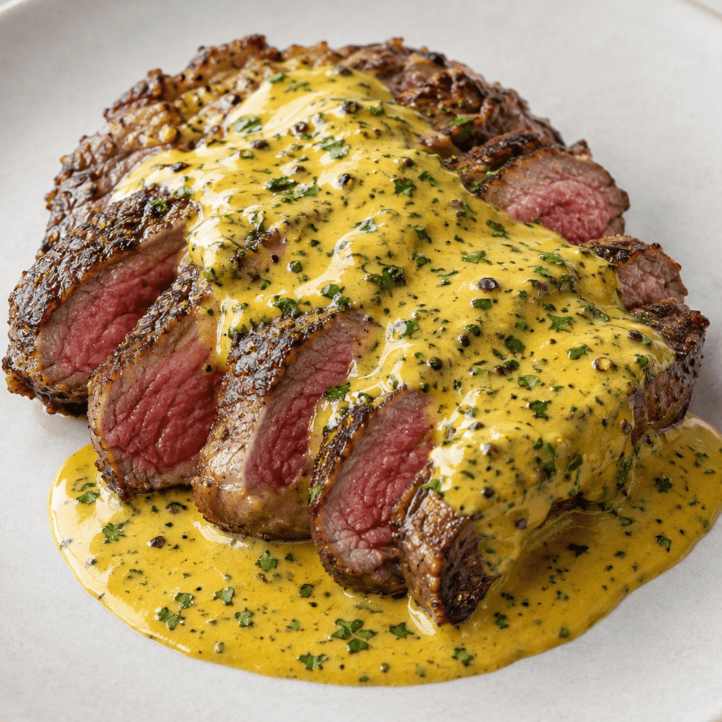 A thick, glossy golden-yellow sauce with a creamy texture, finely chopped green herbs and tiny dark spice flecks, pooled beside and drizzled over sliced steak.