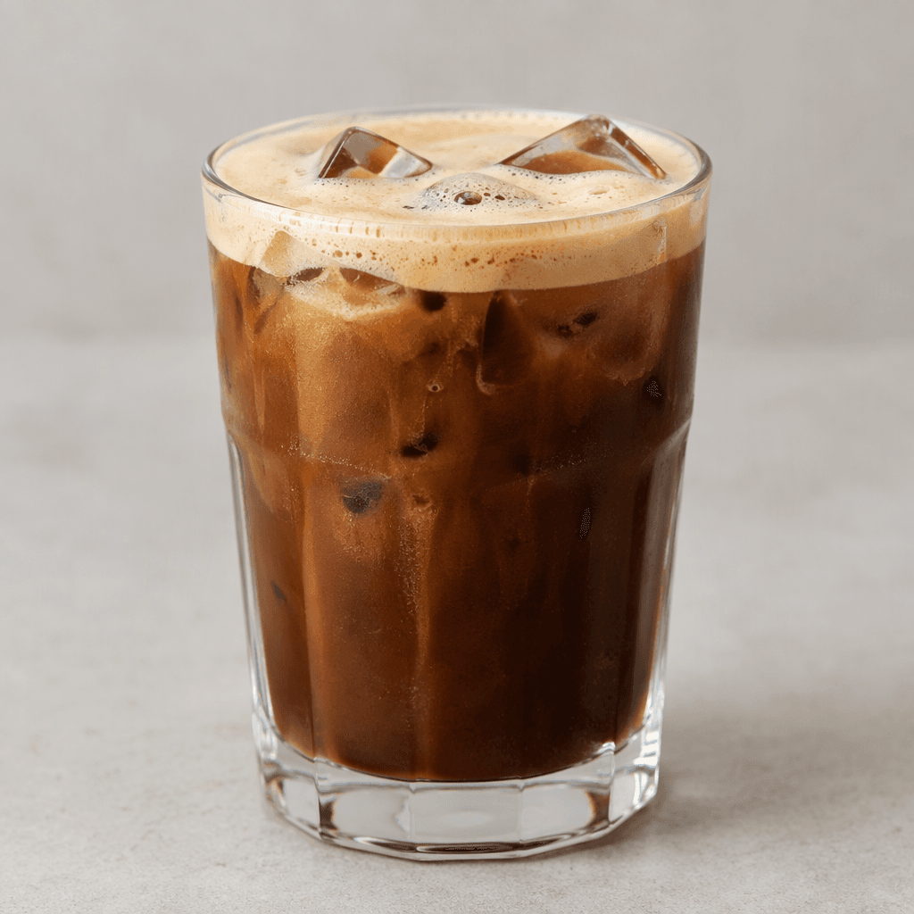 An opaque, dark brown cold coffee with a smooth, creamy texture is served in a clear glass over ice, topped with a thin layer of light beige foam.