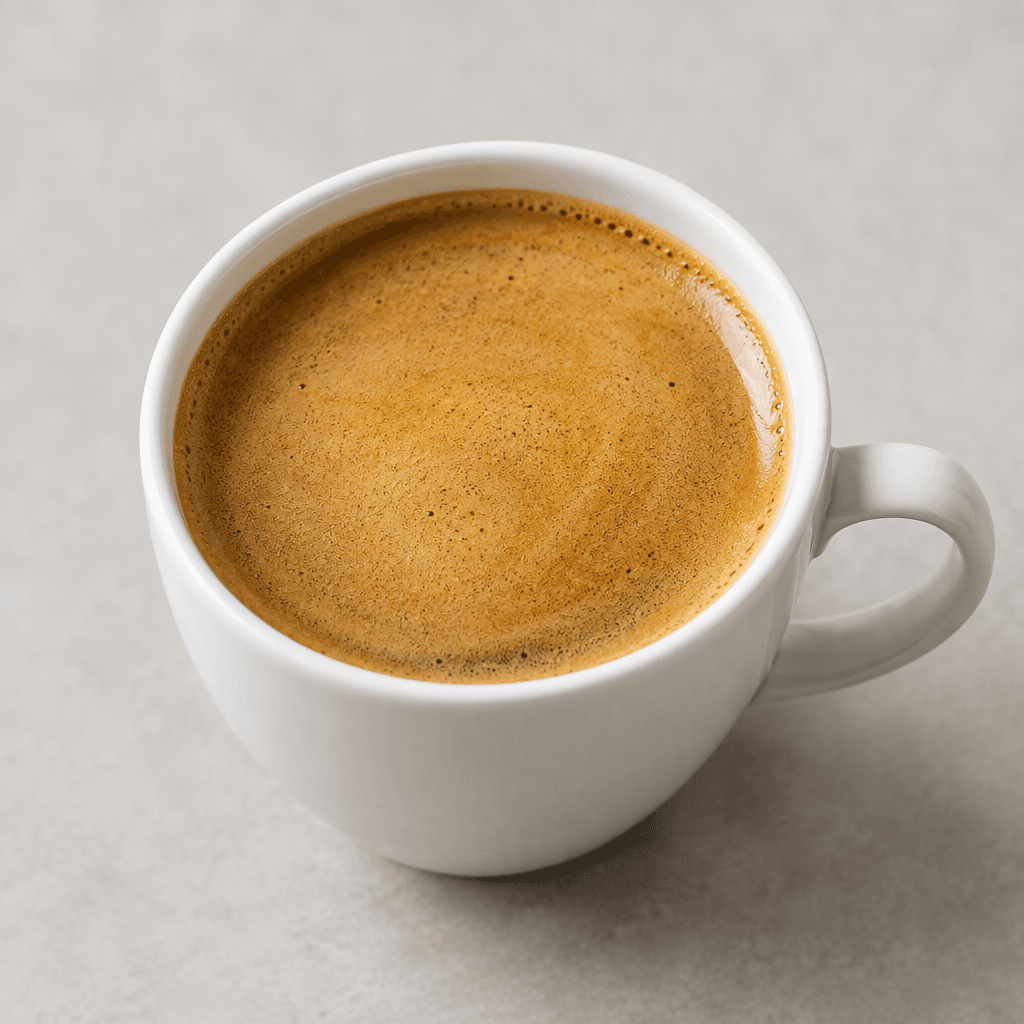 A cup of dark brown coffee with a smooth, light golden-brown layer of fine crema across the surface.