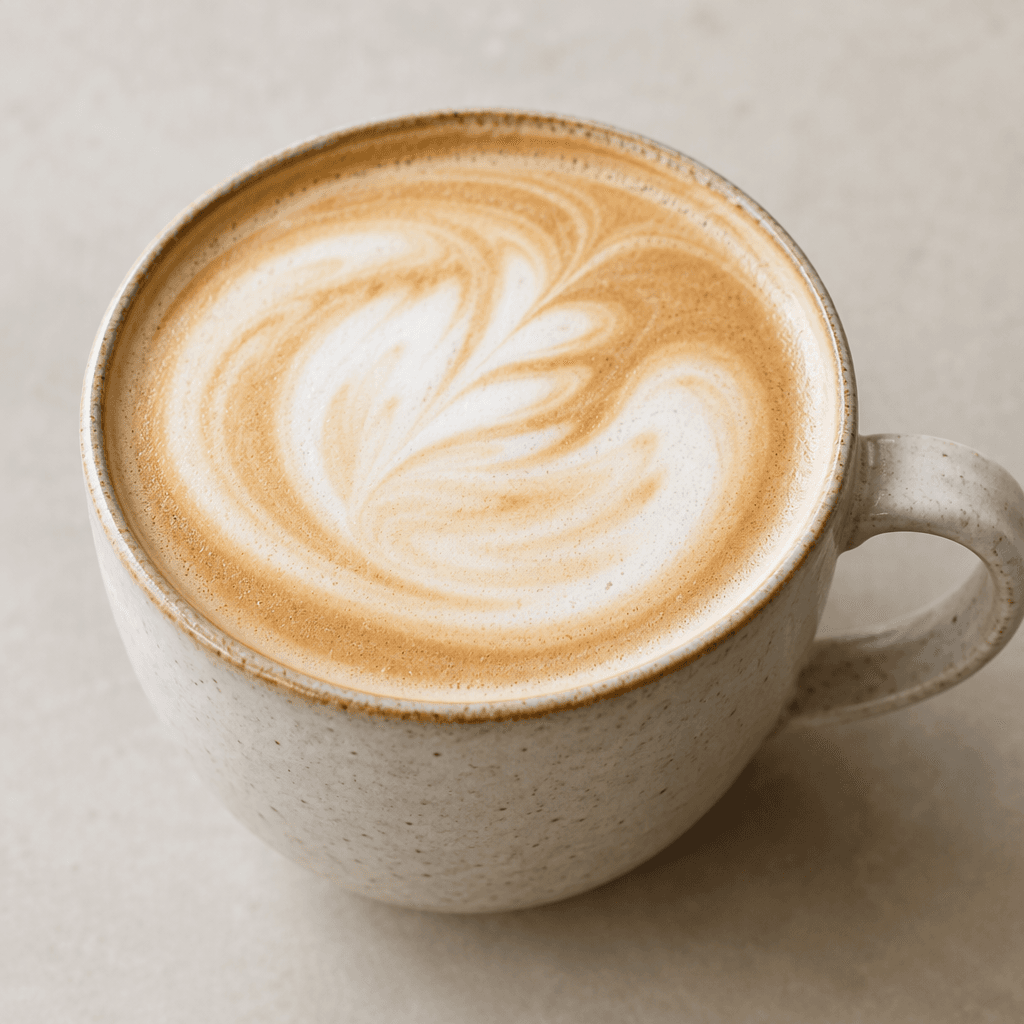 Seramik fincanda sunulan açık karamel tonlu latte, pürüzsüz süt köpüğüyle kaplı ve yüzeyinde ince, açık renkli desenler görülüyor.