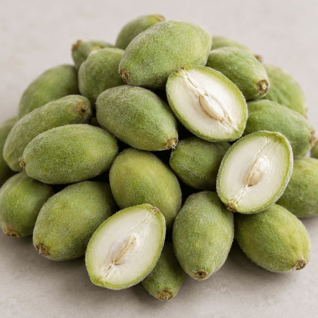 Small, oblong pale-green fruits with softly fuzzy skins are piled together, with a few split open to show firm ivory flesh and a tiny undeveloped kernel.