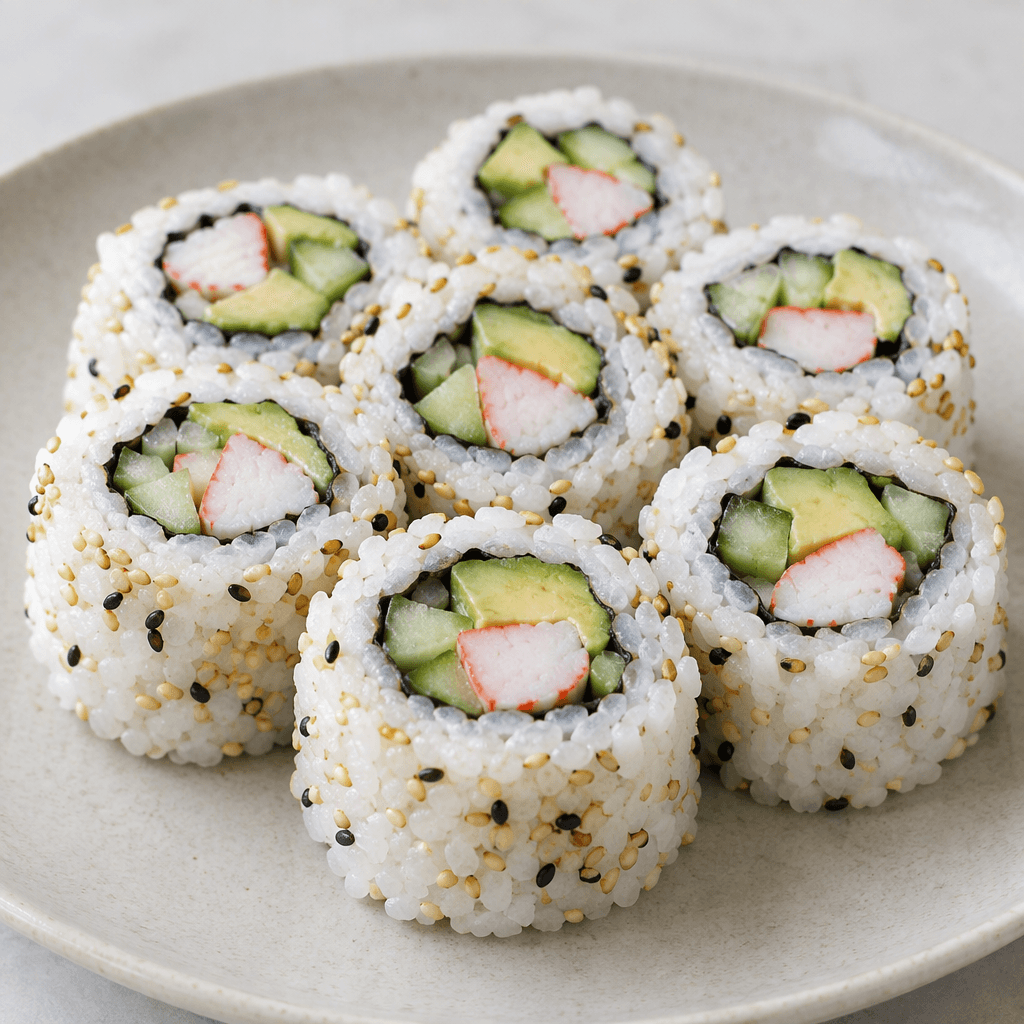 Several thick, bite-sized sushi rolls are cut into neat cylinders with glossy white rice on the outside, scattered sesame seeds, a dark nori layer within, and visible pale pink imitation crab, light green avocado, and crisp cucumber in the center, arranged on a plate.