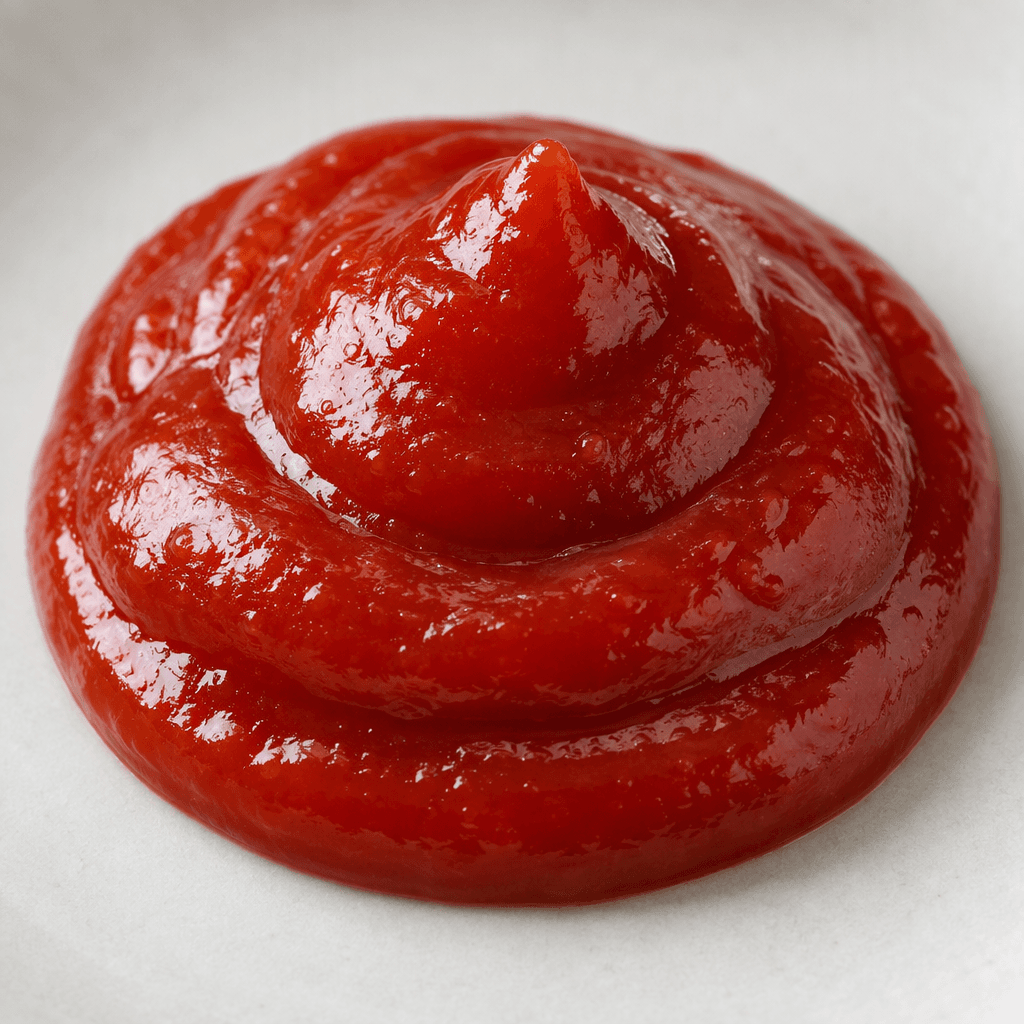 A thick, smooth, glossy deep-red sauce with an even texture, shown in a small mound with softly curved edges.