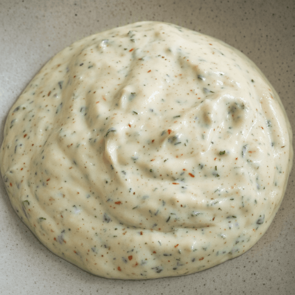 A thick, creamy off-white sauce with fine red and green herb flecks, gathered in a small pool with a smooth, glossy surface.