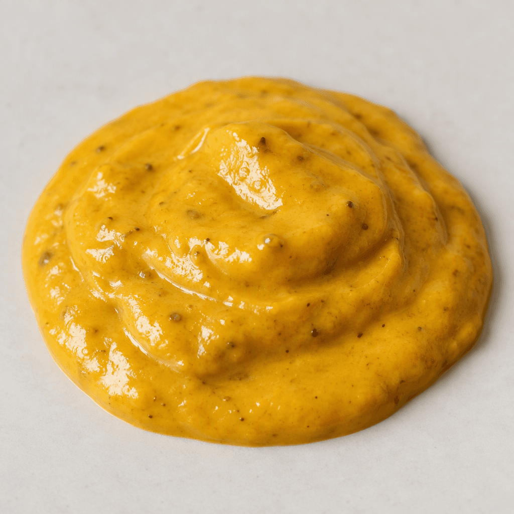 A thick, smooth, glossy golden-yellow sauce sits in a small pool, with a few tiny darker flecks throughout.