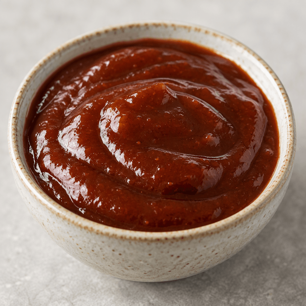 A thick, smooth, glossy reddish-brown barbecue sauce sits in a small serving bowl, with a few lighter highlights across its surface.