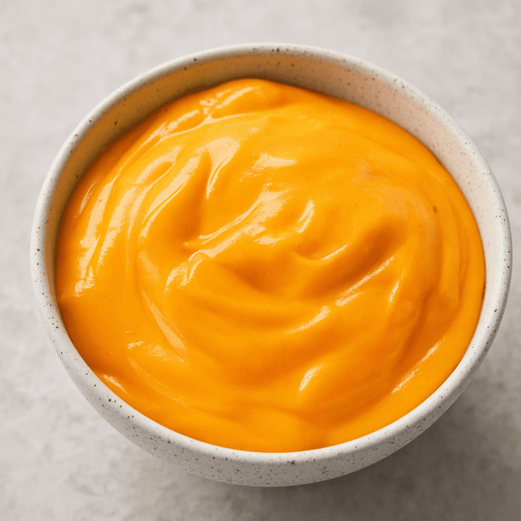 A thick, smooth, glossy bright-orange cheese-flavoured sauce sits in a small bowl, with soft folds and a slight sheen on its surface.