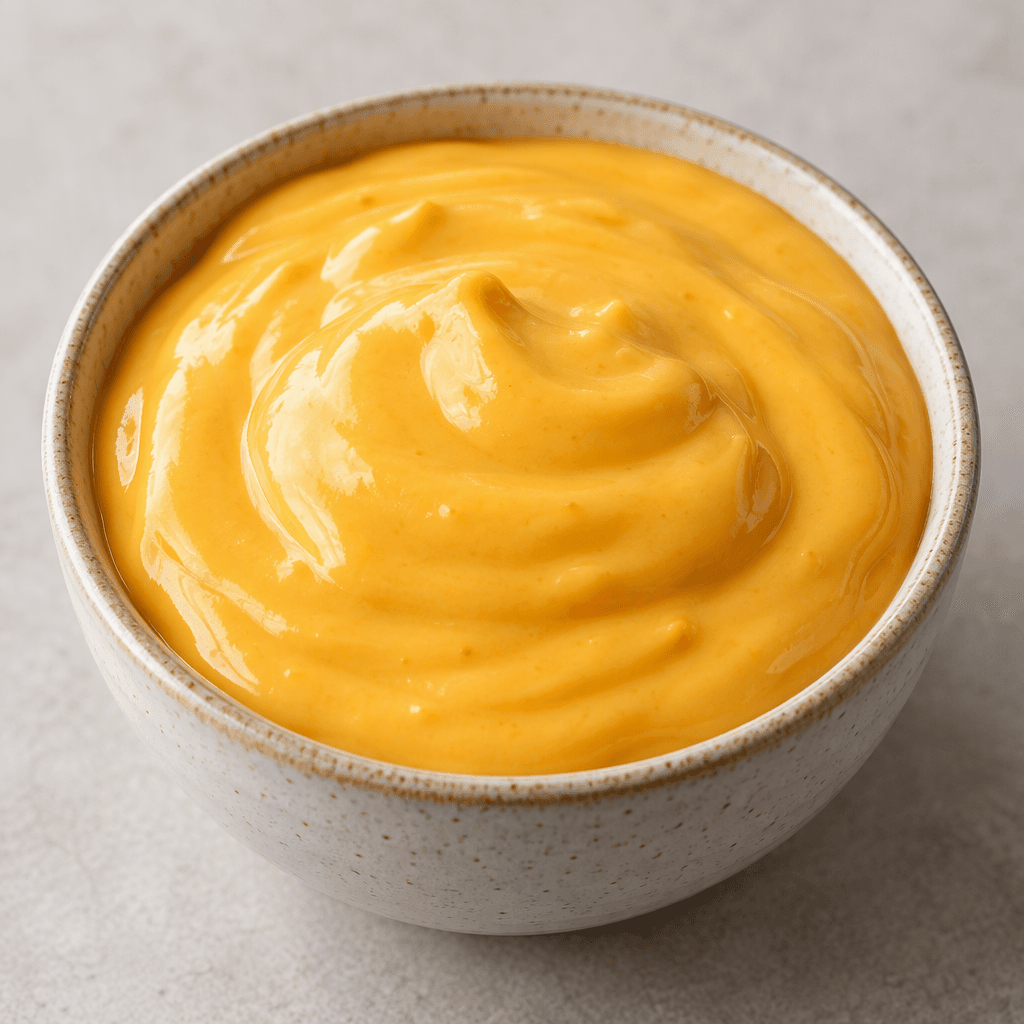 A thick, smooth, glossy cheese sauce in a warm yellow-orange colour, pooled in a small serving bowl.