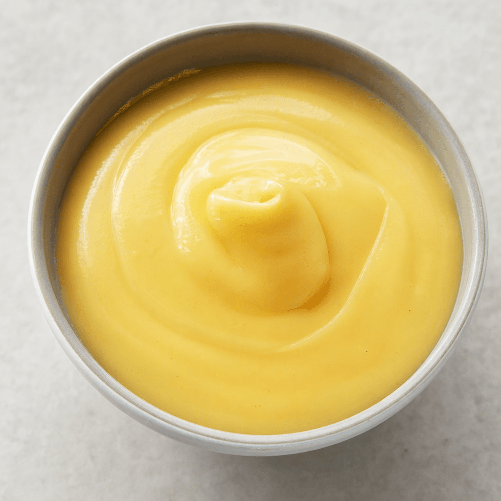 A thick, smooth, glossy pale-yellow cheese sauce sits in a small bowl.