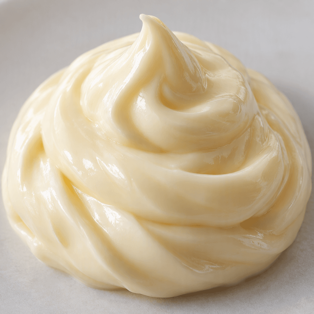A thick, pale ivory mayonnaise with a smooth, glossy surface, gathered into a soft mound with gentle swirls.